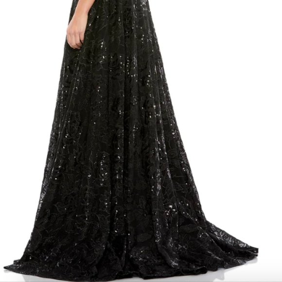 MAC DUGGAL12413 EMBROIDERED EMBELLISHED WAIST CAP SLEEVE A-LINE BLACK GOWN sz 12 - Picture 7 of 7